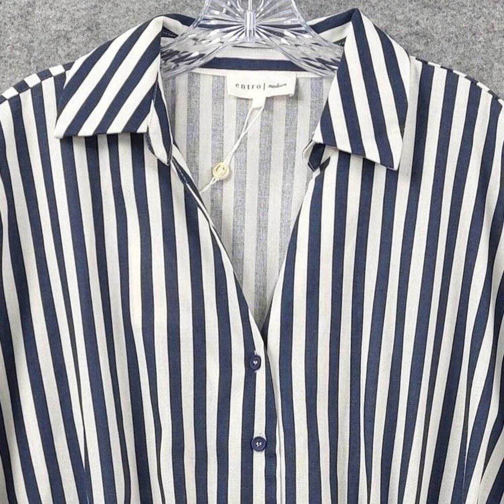 Entro Blue White Stripe Belted Midi Shirt Dress M Coastal Chic Pockets - Picture 4 of 16